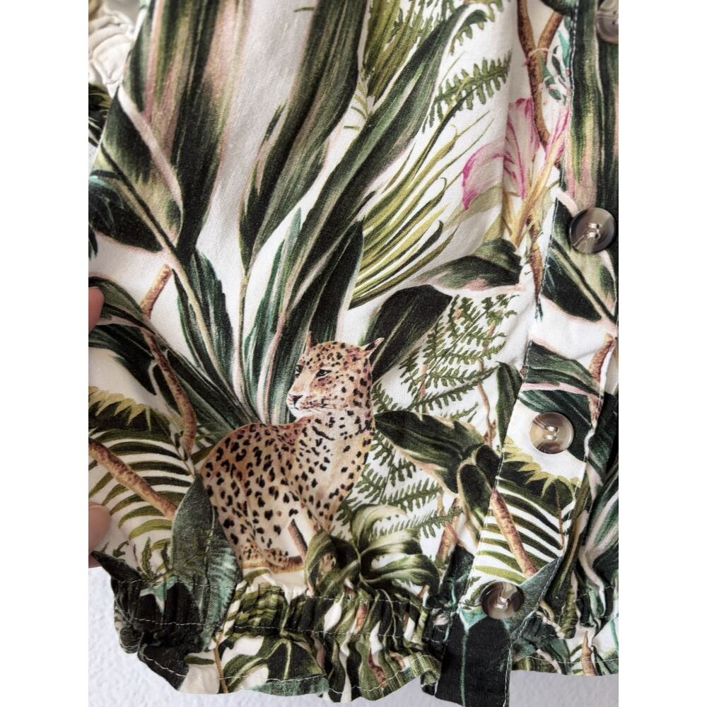 H&M Linen blend Tropical Floral Jaguar Ruffle Neck & Short Sleeve Blouse Size 6 - Picture 5 of 9